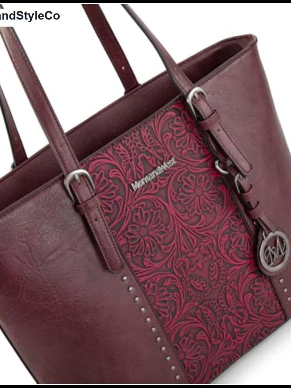 Vegan Leather Tote Bag and Handbag Set with Silver Hardware, Embossed Pattern,
